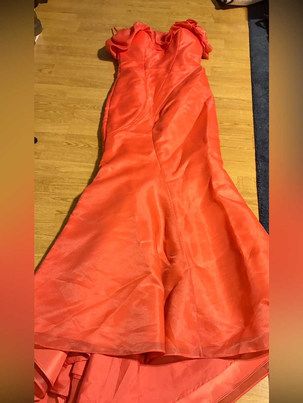 Terani Couture Strapless ruffled Coral Satin mermaid style Evening Gown